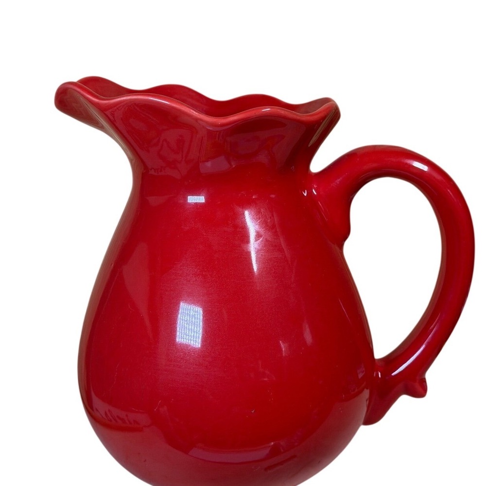 Red Ceramic Pitcher Ruffled Scalloped Rim Glossy Stoneware Water Juice Carafe